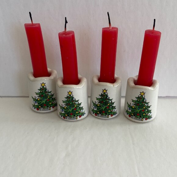 Set Of 4 Vintage Christmas Tree Ceramic Candle Holders - Picture 1 of 5